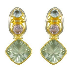 Sterling Silver and 22K Gold Vermeil Earring with Green Amethyst, Sky Blue Topaz